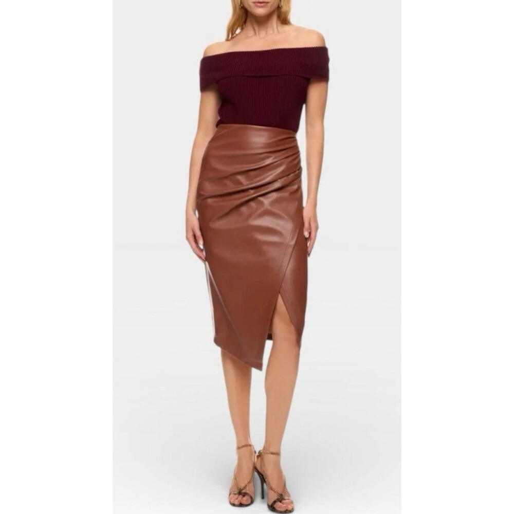 Jason Wu Women's Large Ruched Side Faux Leather Skirt Brown New $188